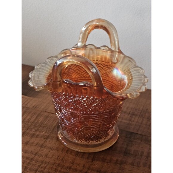 Vintage Dugan Diamond Marigold Carnival Glass 5" Basket - Picture 1 of 6